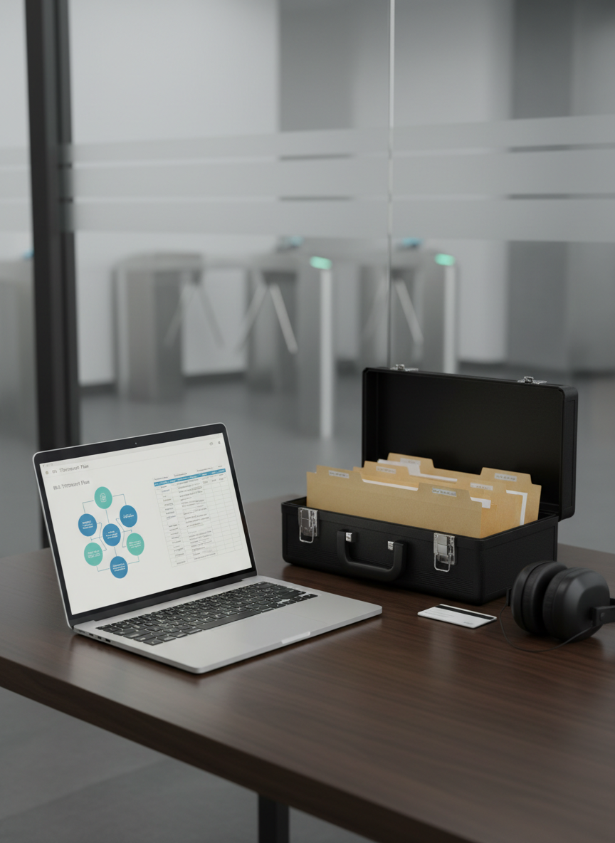 A meticulously organized micro ISMS workstation in a critical asset environment, featuring a slim laptop open to a generic, non-branded risk treatment plan diagram and anonymized control matrix. Next to it lies a lockable document case slightly ajar, revealing tabbed, unlabeled folders symbolizing audit evidence and risk documentation. A keycard and a pair of minimalist noise-cancelling earmuffs rest on the smooth, dark wood desk surface. Neutral, soft studio lighting creates precise highlights on metallic edges and soft shadows under objects, conveying order and analytical focus. Photographic realism from a slightly elevated, three-quarter angle, with the foreground in sharp focus and an out-of-focus background showing a secure glass partition and a subtle hint of physical access control turnstiles.