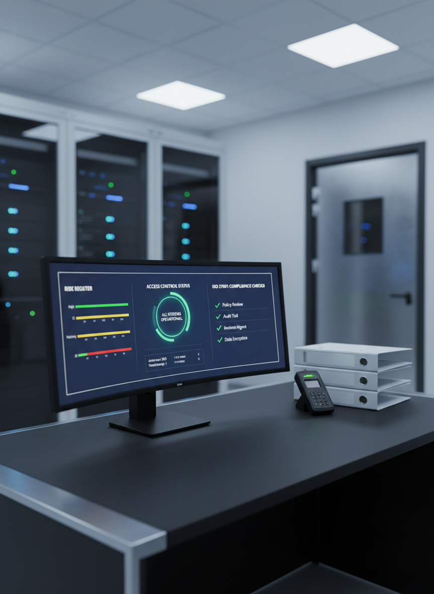 A secure server room control console displaying a clean, structured information security dashboard, with visual indicators for risk registers, access control status, and ISO 27001 compliance checks. The console sits on a matte black desk beside an access control badge reader and a neatly stacked set of blank, unlabeled binders representing policies and audit evidence. Cool, diffused overhead lighting reflects subtly off brushed metal surfaces and the glassy monitor, creating a calm, professional atmosphere. Photographic realism, shot at eye level with a slight angle toward the screen, using shallow depth of field so the interface is crisp while racks of softly lit network equipment and a closed steel security door fade into a gentle bokeh background.