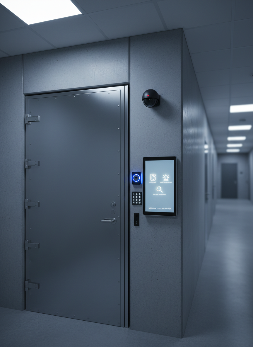 A critical asset access point inside a secure facility, showing a heavy, reinforced door with an electronic badge reader, keycode keypad, and a small camera dome overhead. On the nearby wall, a clean, unbranded digital panel glows softly, depicting abstract icons for access logs, visitor management, and incident reporting as part of an ISO 27001-aligned micro ISMS. Cool white overhead lighting casts crisp, controlled shadows, emphasizing the integrity of the physical barriers. Photographic realism at a slightly low angle, enhancing the sense of security and robustness, with balanced composition using the rule of thirds and a gently blurred corridor receding into the background to suggest layered access zones.