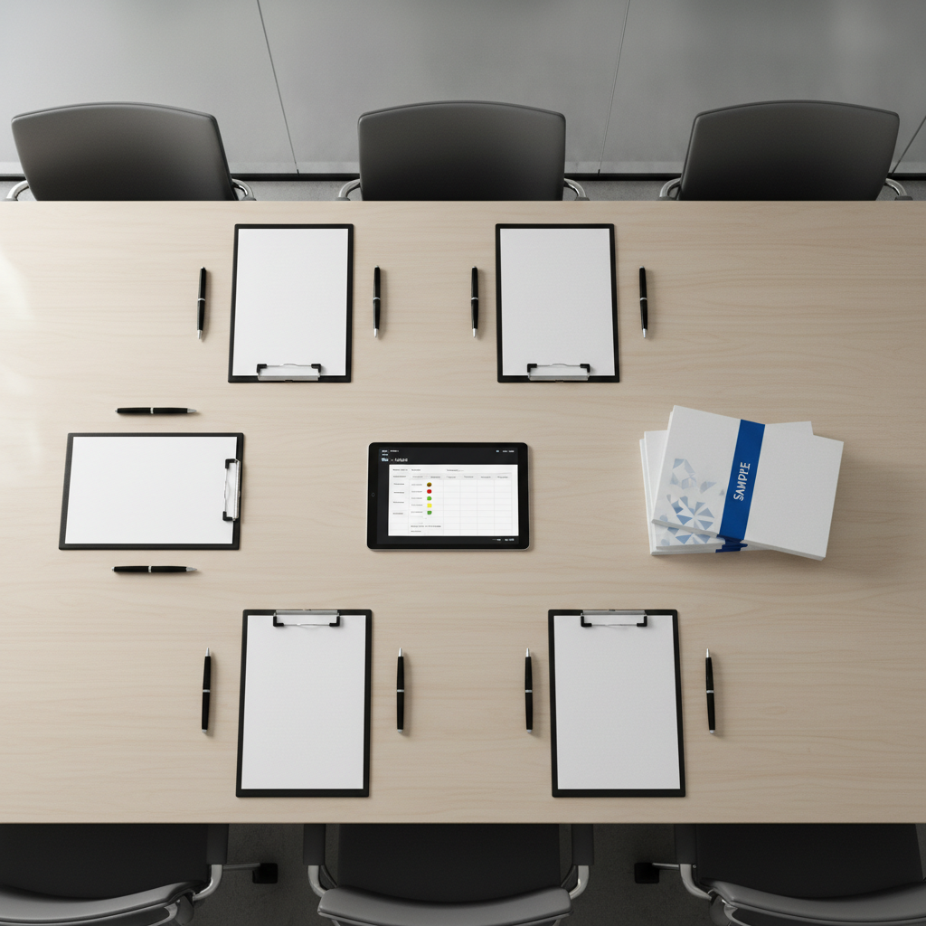 A clean, modern conference table arranged for an information security internal audit exercise, with a central, non-branded tablet displaying a simplified audit checklist and control status indicators. Surrounding it are neatly aligned, unlabeled clipboards, pens, and a small stack of anonymized, simulated ISO 27001 procedure examples clearly marked with a colored band that implies ‘sample’ without readable text. Soft, even overhead lighting and a hint of daylight from an unseen window create a neutral, focused atmosphere. Photographic realism from a bird’s-eye view, capturing the entire tabletop in sharp focus, with chairs and a frosted glass wall forming a minimalist, slightly out-of-focus perimeter to emphasize the educational, non-commercial nature of the scene.